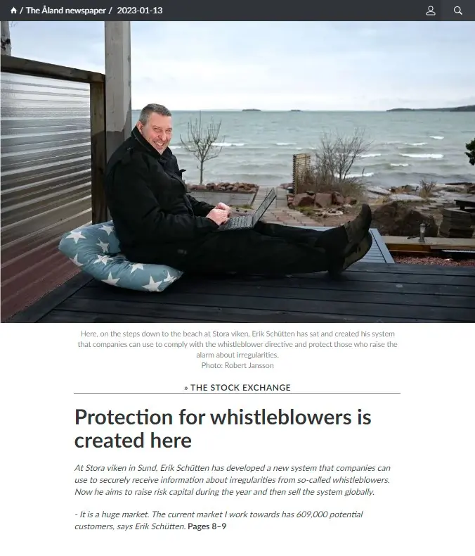 Erik Schütten and Anonform Ab's new service for secure web forms ended up on the front page on January 13, 2023 in the Åland daily newspaper Ålandstidningen.