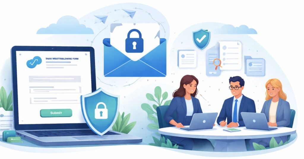 Illustration of a secure whistleblower solution with digital reporting channel, encrypted email and an internal team handling whistleblower cases according to the EU Whistleblower Directive.